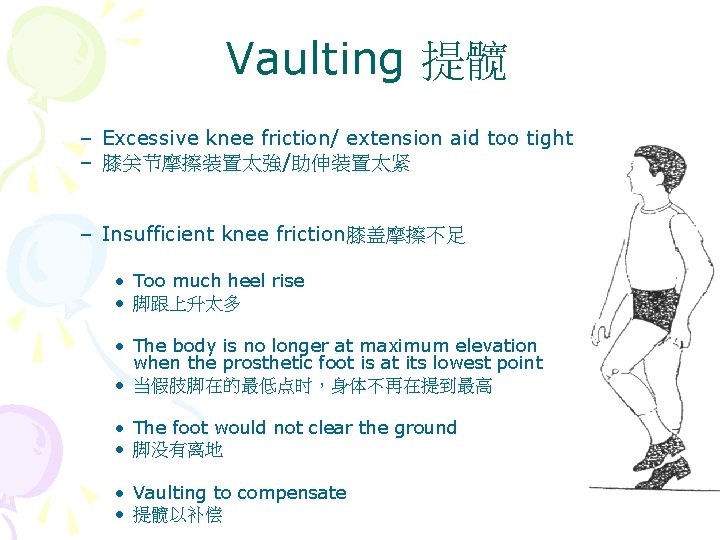 Vaulting 提髋 – Excessive knee friction/ extension aid too tight – 膝关节摩擦装置太強/助伸装置太紧 – Insufficient