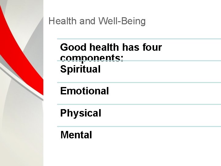 Health and Well-Being Good health has four components: Spiritual Emotional Physical Mental 
