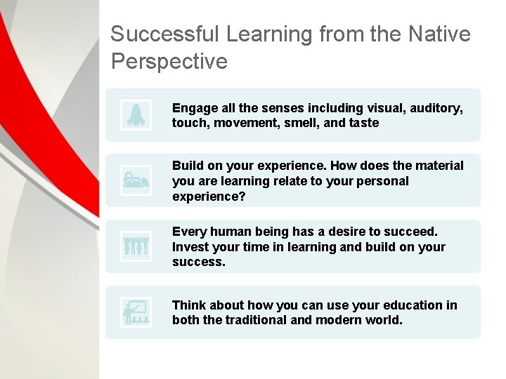 Successful Learning from the Native Perspective Engage all the senses including visual, auditory, touch,