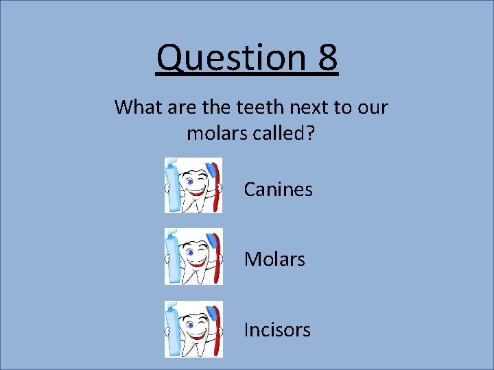 Question 8 What are the teeth next to our molars called? Canines Molars Incisors