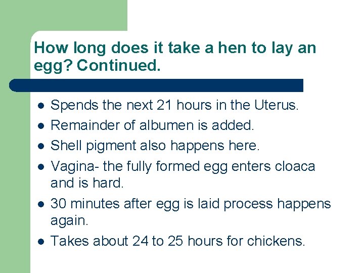 How long does it take a hen to lay an egg? Continued. l l