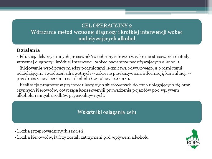 CEL OPERACYJNY 2 Wdrażanie metod wczesnej diagnozy i krótkiej interwencji wobec nadużywających alkohol Działania