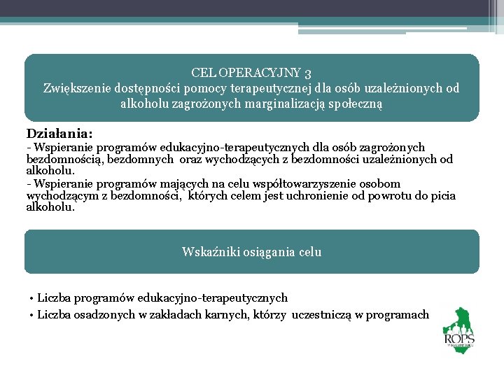 CEL OPERACYJNY 3 Zwiększenie dostępności pomocy terapeutycznej dla osób uzależnionych od alkoholu zagrożonych marginalizacją