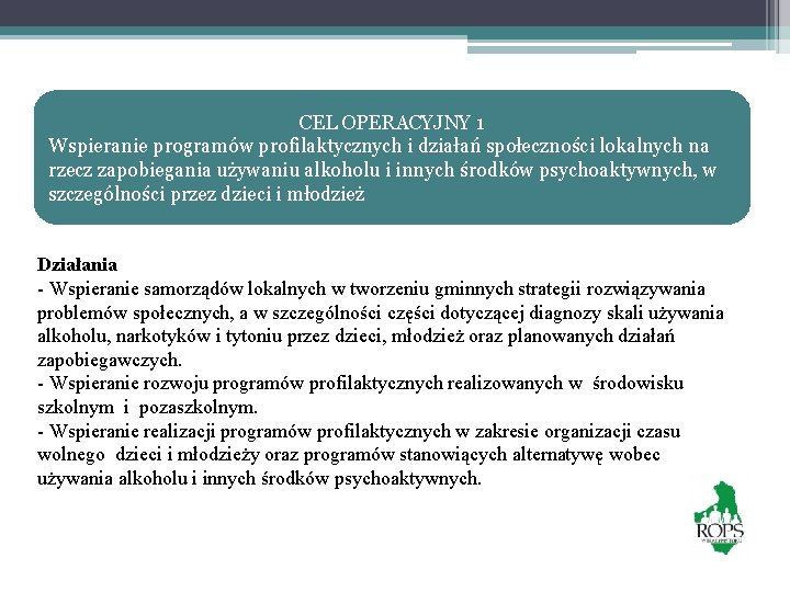 CEL OPERACYJNY 1 Wspieranie programów profilaktycznych i działań społeczności lokalnych na rzecz zapobiegania używaniu