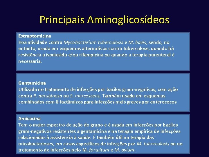 Principais Aminoglicosídeos Estreptomicina Boa atividade contra Mycobacterium tuberculosis e M. bovis, sendo, no entanto,