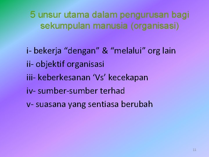 5 unsur utama dalam pengurusan bagi sekumpulan manusia (organisasi) i- bekerja “dengan” & “melalui”