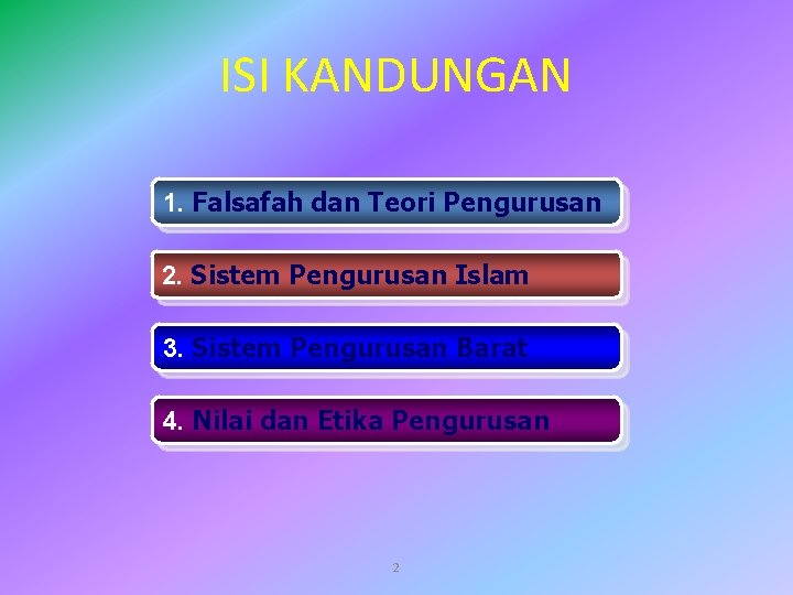 ISI KANDUNGAN 1. Falsafah dan Teori Pengurusan 2. Sistem Pengurusan Islam 3. Sistem Pengurusan