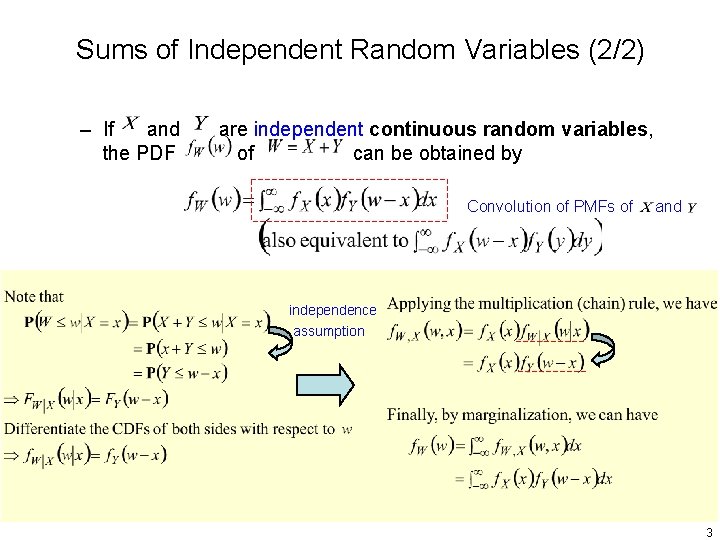Sums of Independent Random Variables (2/2) – If and the PDF are independent continuous Sums of Independent Random Variables (2/2) – If and the PDF are independent continuous