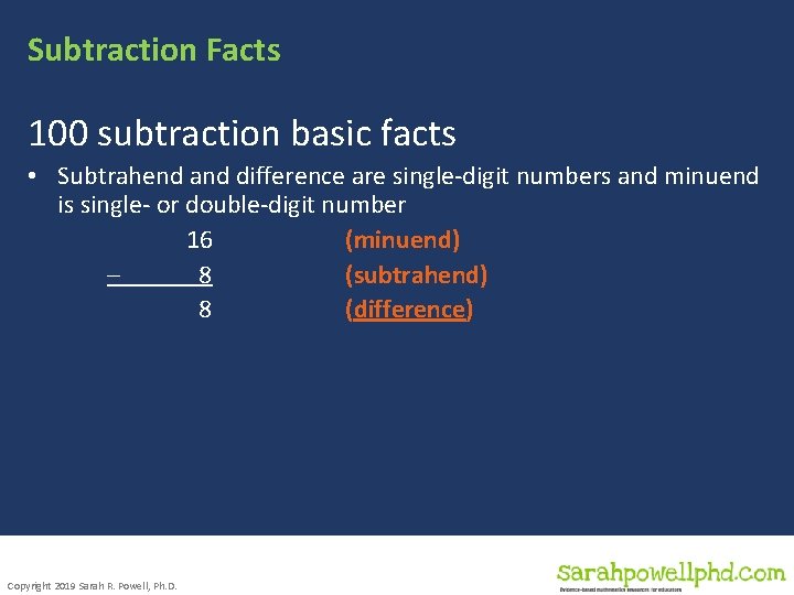Subtraction Facts 100 subtraction basic facts • Subtrahend and difference are single-digit numbers and