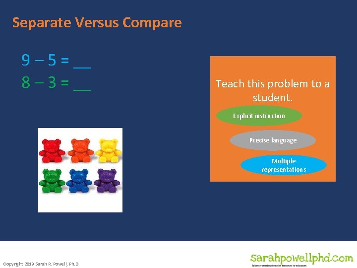 Separate Versus Compare 9 – 5 = __ 8 – 3 = __ Teach