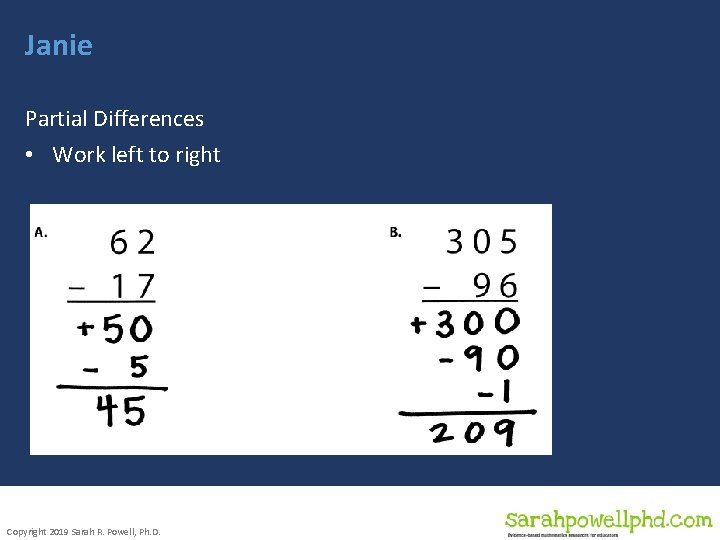 Janie Partial Differences • Work left to right Copyright 2019 Sarah R. Powell, Ph.