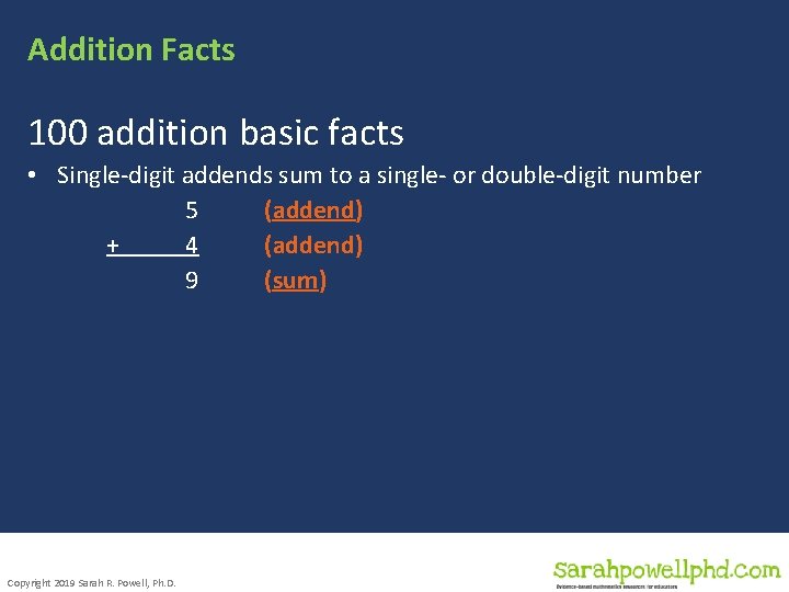 Addition Facts 100 addition basic facts • Single-digit addends sum to a single- or
