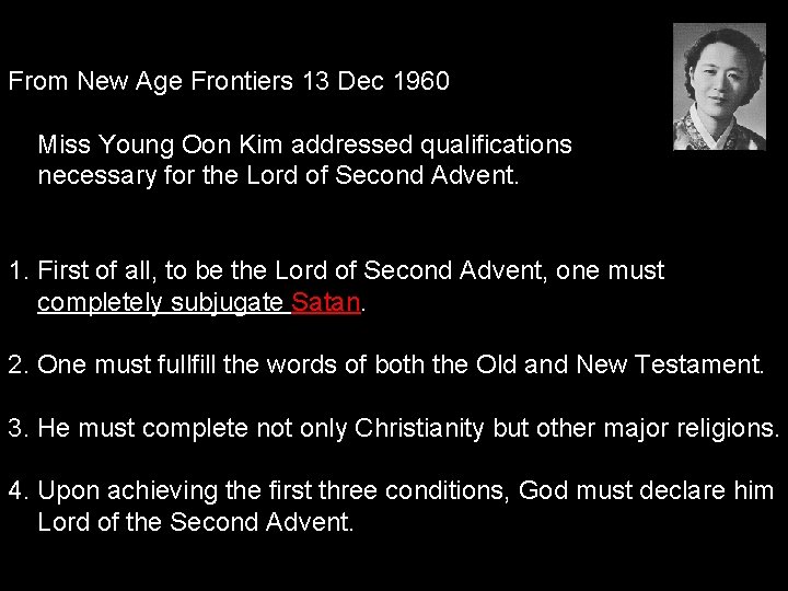 From New Age Frontiers 13 Dec 1960 Miss Young Oon Kim addressed qualifications necessary