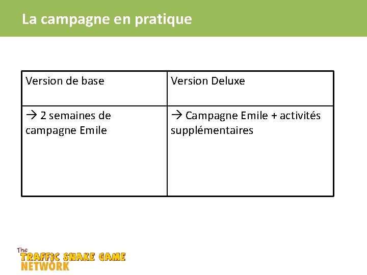 La campagne en pratique Version de base Version Deluxe 2 semaines de campagne Emile