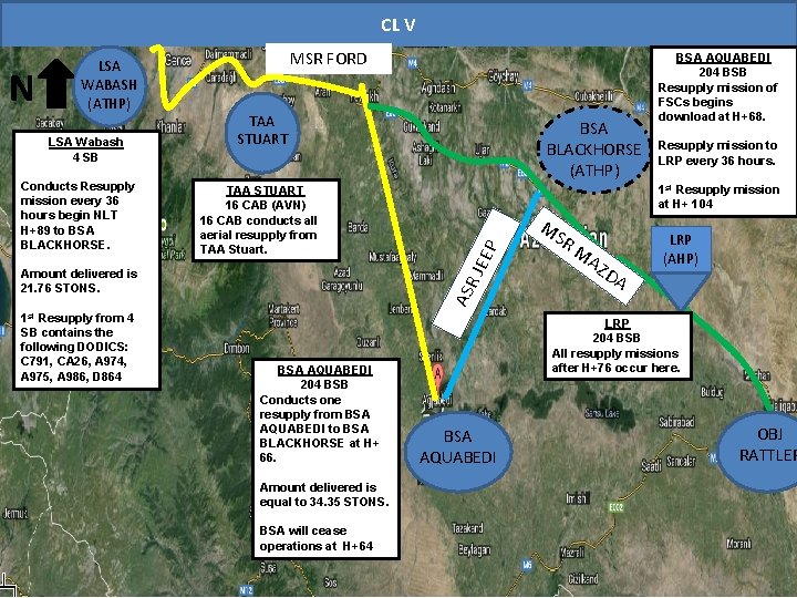 CL V Conducts Resupply mission every 36 hours begin NLT H+89 to BSA BLACKHORSE.