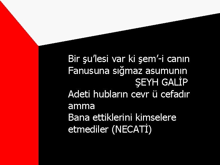 Bir şu’lesi var ki şem’-i canın Fanusuna sığmaz asumunın ŞEYH GALİP Adeti hubların cevr