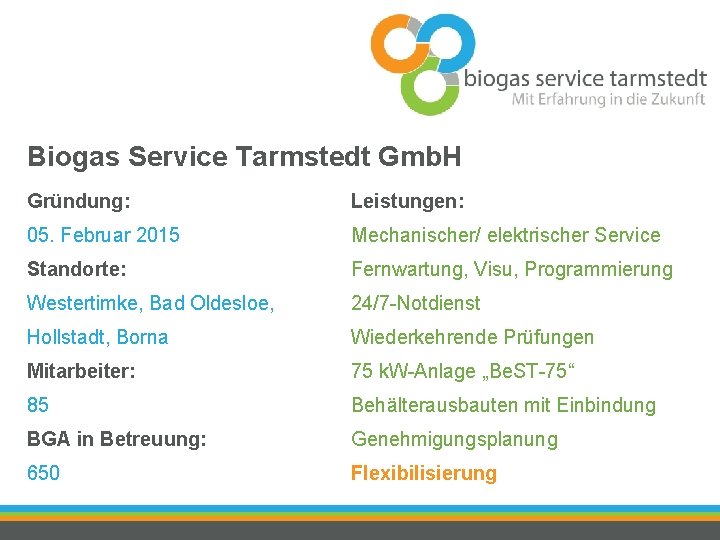 Biogas Service Tarmstedt Gmb. H Gründung: Leistungen: 05. Februar 2015 Mechanischer/ elektrischer Service Standorte: