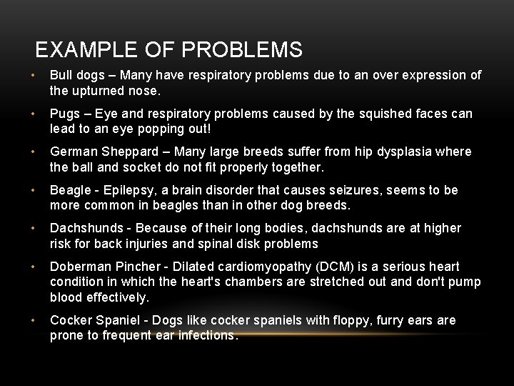 EXAMPLE OF PROBLEMS • Bull dogs – Many have respiratory problems due to an