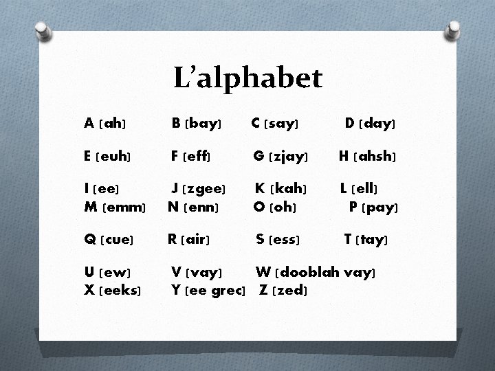 L’alphabet A (ah) B (bay) C (say) D (day) E (euh) F (eff) G