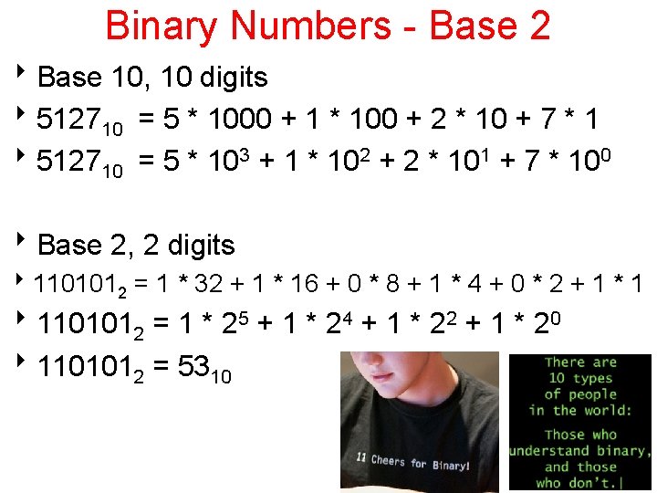 Binary Numbers - Base 2 8 Base 10, 10 digits 8512710 = 5 *