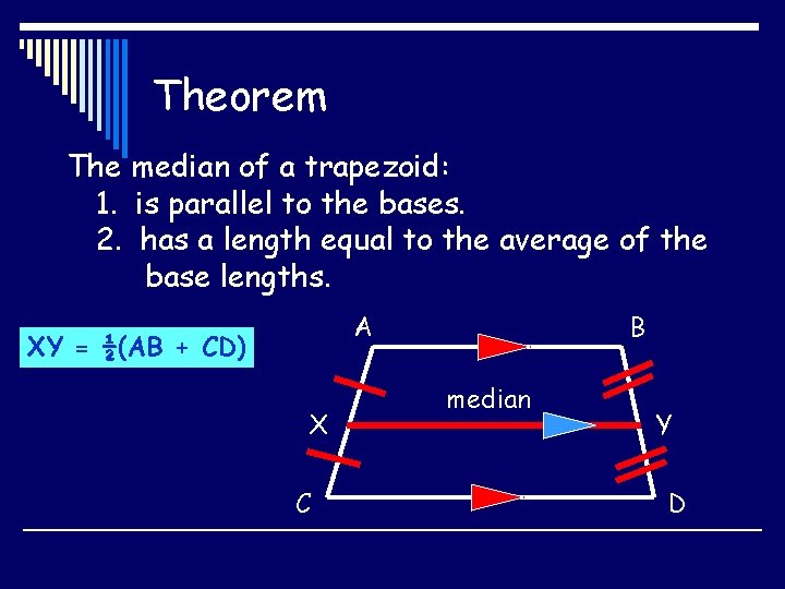 Theorem The median of a trapezoid: 1. is parallel to the bases. 2. has