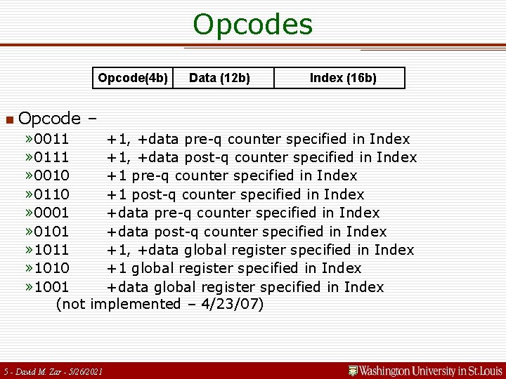 Opcodes Opcode(4 b) n Opcode Data (12 b) Index (16 b) – » 0011