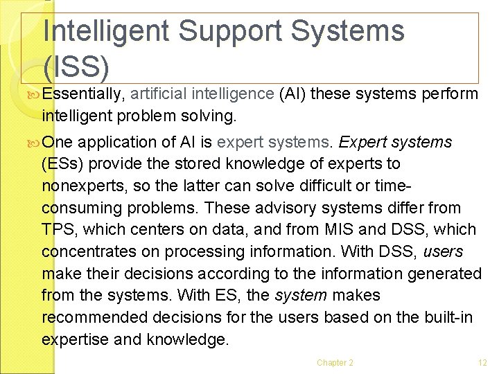 Intelligent Support Systems (ISS) Essentially, artificial intelligence (AI) these systems perform intelligent problem solving.