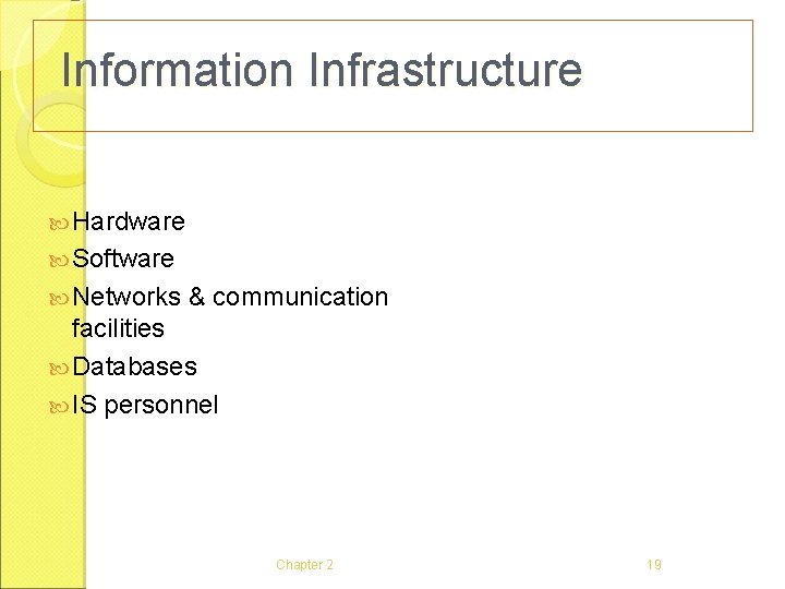 Information Infrastructure Hardware Software Networks & communication facilities Databases IS personnel Chapter 2 19