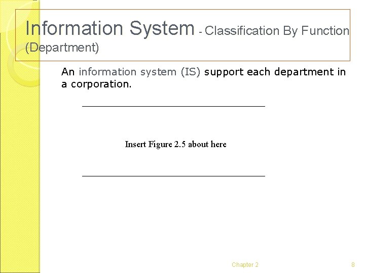 Information System - Classification By Function (Department) An information system (IS) support each department