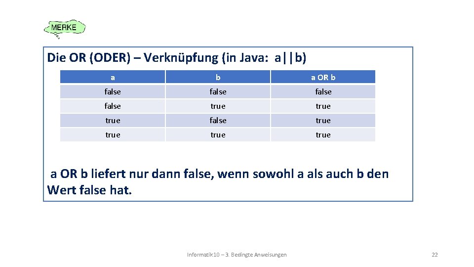 Die OR (ODER) – Verknüpfung (in Java: a||b) a b a OR b false
