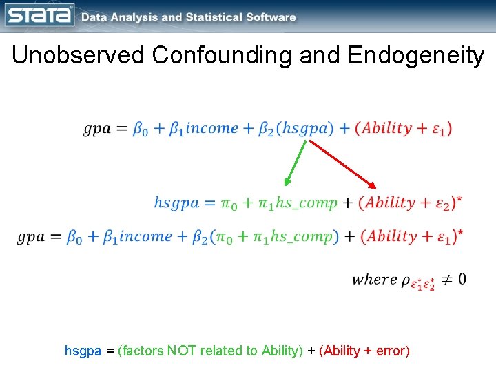 Unobserved Confounding and Endogeneity hsgpa = (factors NOT related to Ability) + (Ability +