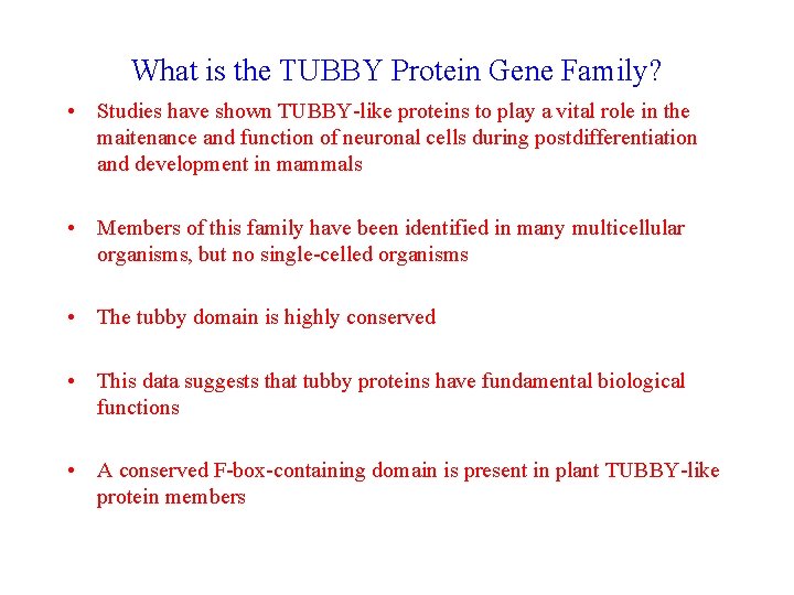 What is the TUBBY Protein Gene Family? • Studies have shown TUBBY-like proteins to