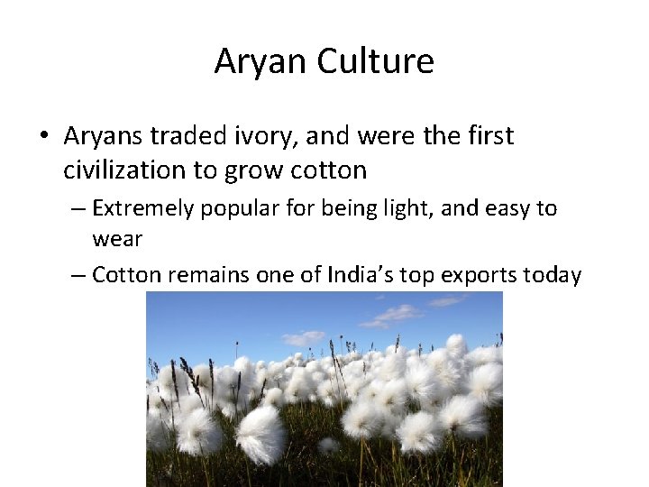 Aryan Culture • Aryans traded ivory, and were the first civilization to grow cotton