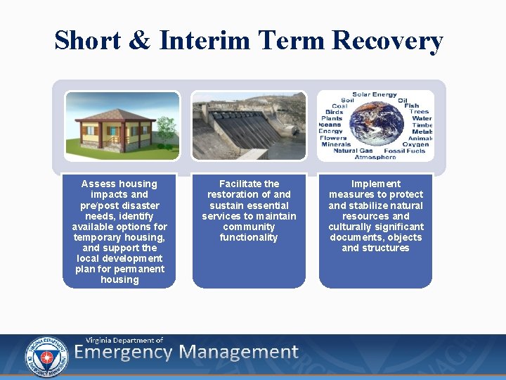 Short & Interim Term Recovery Assess housing impacts and pre/post disaster needs, identify available