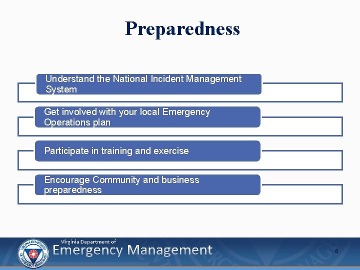 Preparedness Understand the National Incident Management System Get involved with your local Emergency Operations