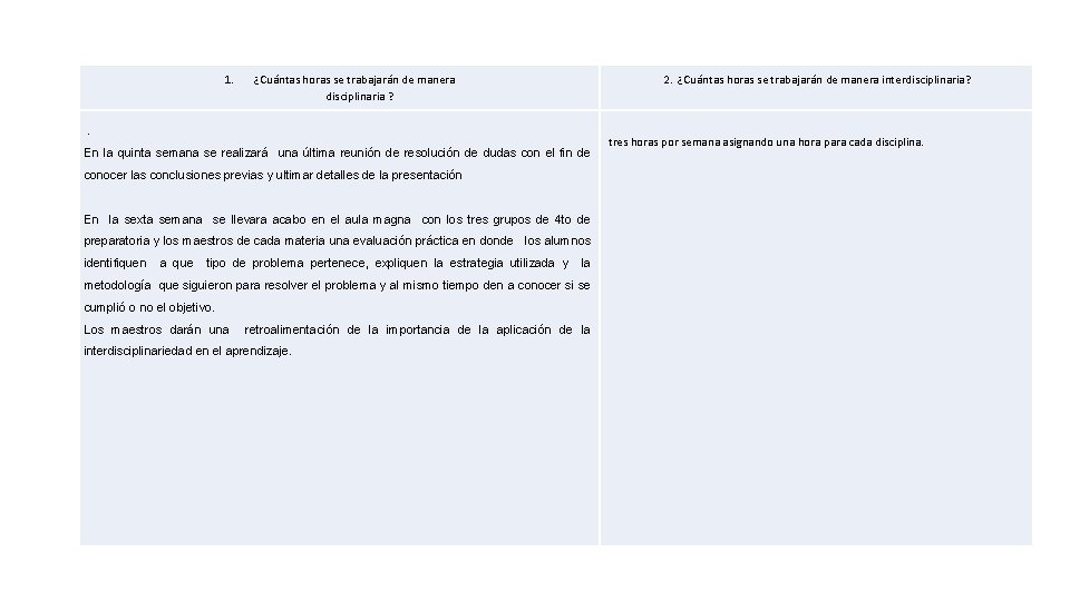 1. ¿Cuántas horas se trabajarán de manera disciplinaria ? 2. ¿Cuántas horas se trabajarán