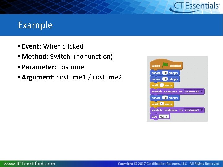 Example • Event: When clicked • Method: Switch (no function) • Parameter: costume •