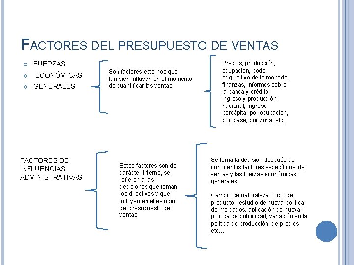 FACTORES DEL PRESUPUESTO DE VENTAS FUERZAS ECONÓMICAS GENERALES FACTORES DE INFLUENCIAS ADMINISTRATIVAS Son factores