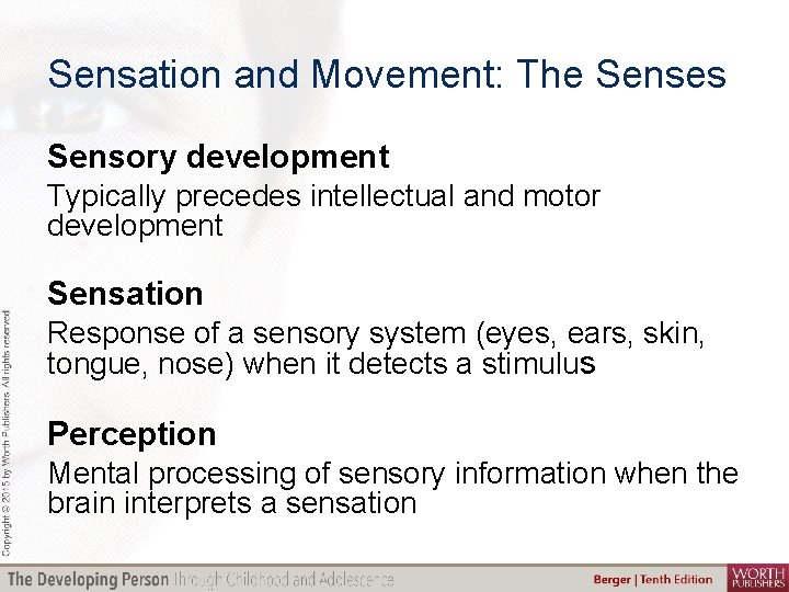 Sensation and Movement: The Senses Sensory development Typically precedes intellectual and motor development Sensation
