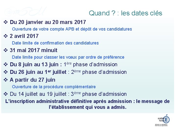 Quand ? : les dates clés v Du 20 janvier au 20 mars 2017