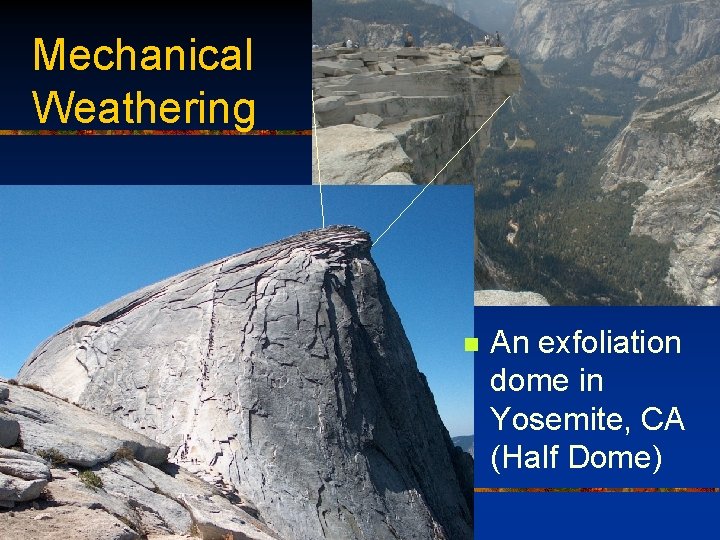 Mechanical Weathering n An exfoliation dome in Yosemite, CA (Half Dome) 