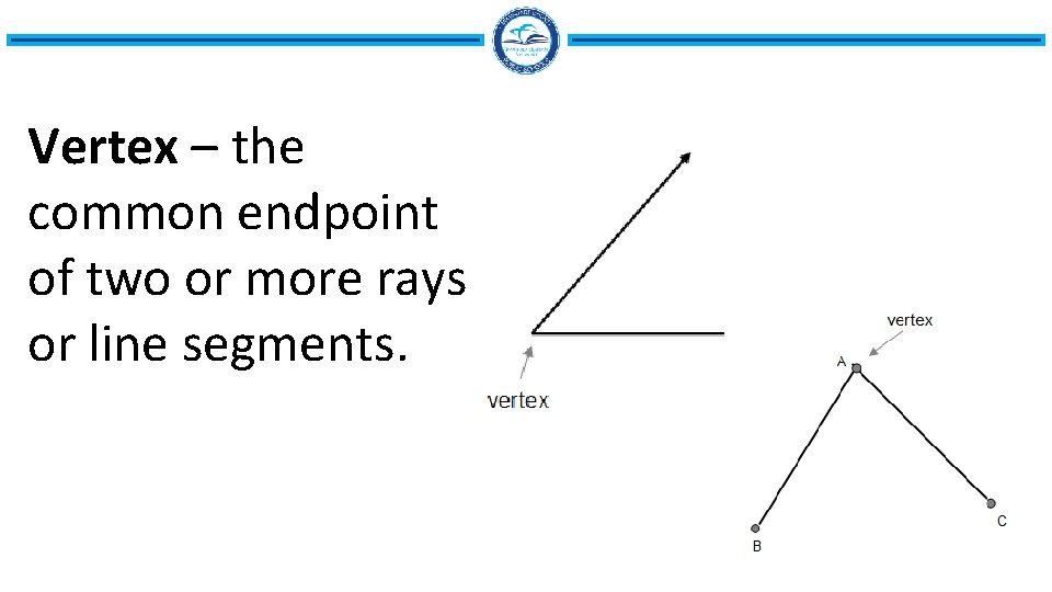 Vertex – the common endpoint of two or more rays or line segments. 