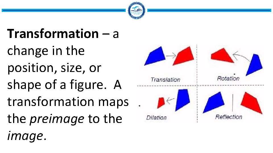 Transformation – a change in the position, size, or shape of a figure. A