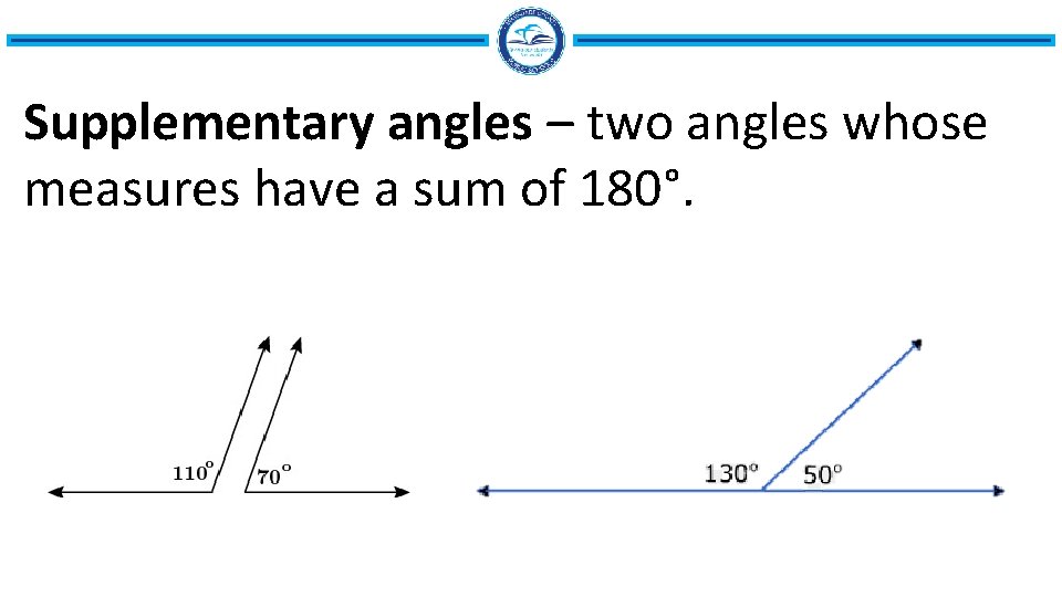 Supplementary angles – two angles whose measures have a sum of 180°. 