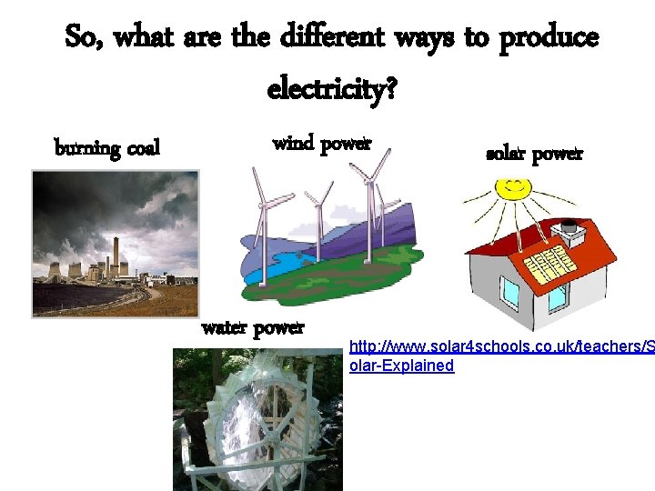 So, what are the different ways to produce electricity? burning coal wind power water