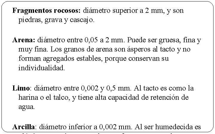 Fragmentos rocosos: diámetro superior a 2 mm, y son piedras, grava y cascajo. Arena: