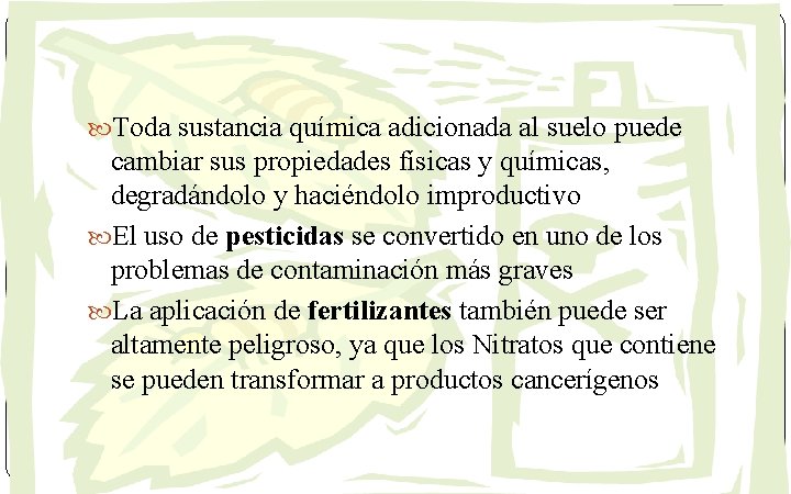 Toda sustancia química adicionada al suelo puede cambiar sus propiedades físicas y químicas,