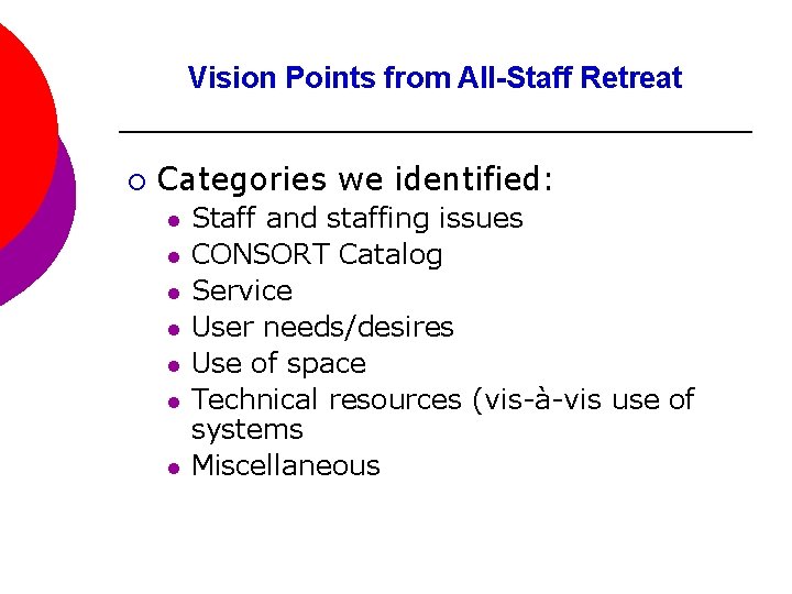 Vision Points from All-Staff Retreat ¡ Categories we identified: l l l l Staff