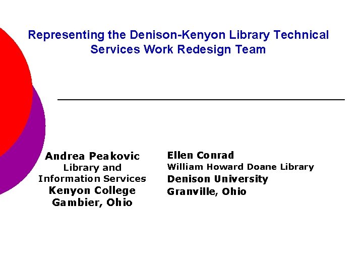 Representing the Denison-Kenyon Library Technical Services Work Redesign Team Andrea Peakovic Library and Information