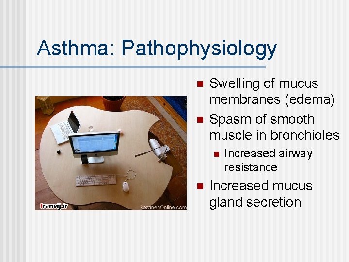 Asthma: Pathophysiology n n Swelling of mucus membranes (edema) Spasm of smooth muscle in